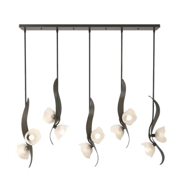 Named for Designer Ori Goldberg's talented daughter, the Mika 10-Light Pendant captures the graceful flow and movement of a young dancer through its sculptural metal design. Each steel "tige" showcases not just one, but two beautiful lights, illuminating any space with a warm and inviting glow. The Mika’s unique, handmade glass from Italy creates a stunning interplay with the hand-forged steel—a true testament to beauty and craftsmanship.