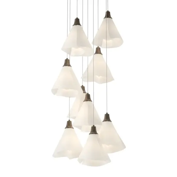 Spun Frost shades create an ethereal feel with the Mobius 9-Light multi-port fixture. Its round canopy creates a central cluster, and the customizability of the cable lengths offers the ability to stagger each pendant to enhance the space. The Mobius Collection includes a range of sizes and formats appropriate for any interior setting.