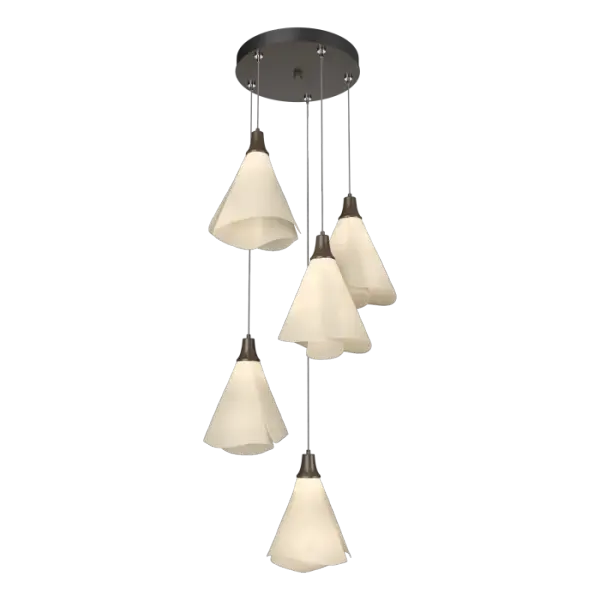 Spun Frost shades are the hallmark of the Mobius Collection, and they’re the focus of this Mobius 5-Light Pendant. With an ethereal feel, this multi-port chandelier offers remarkable versatility. Thanks to the large adjustability of its cable heights, the Mobius can easily suit its space as either a pendant or a dramatic semi-flush.