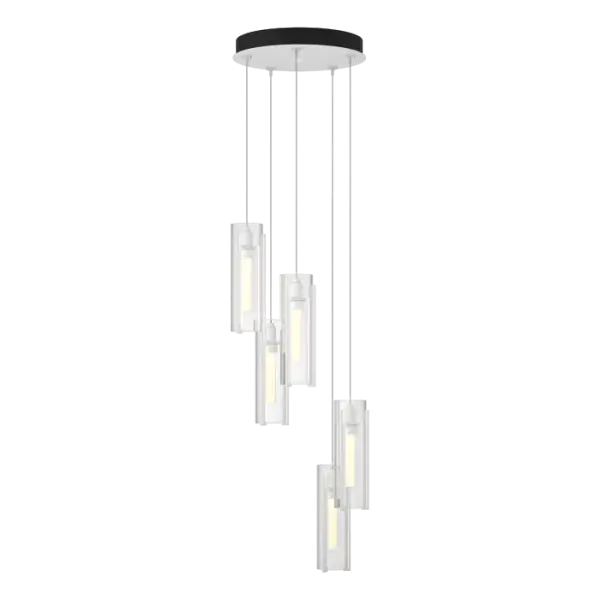 The Exos Collection has a new addition with five cascading pendants clustered on a round multi-port canopy. Individual pendant lengths are customizable to suit the space, making this Exos Glass 5-Light pendant and easy choice. With a substantial range of cable length, this Exos Glass ceiling pendant could make a dramatic statement as a semi-flush or as a cascading focal piece. Tall, vertical, handcrafted steel pieces embrace a glass shade in a choice of opal or clear glass, with an opal inner diffuser.