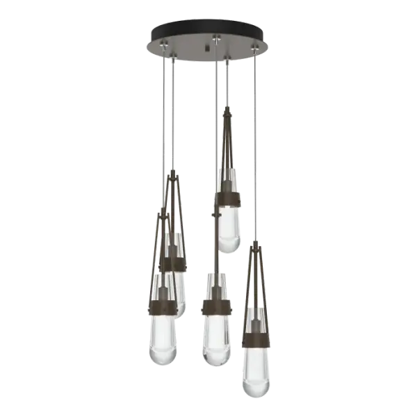 The Link 5-Light Clear Glass Pendant adds to the popular Link Collection. This versatile, five-light multi-port is as easily at home as a focal piece creating cascading light, as it is as a unique and dramatic semi-flush, thanks to the substantial adjustability of the Link’s cable heights. This hanging fixture features thick-bottomed, teardrop-shaped clear glass.