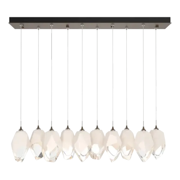 Ten Large Chrysalis pendants hung from a rectangular canopy. Each pendant may be individually adjusted for a custom look. Note, the upper canopy can will always be black while the canopy faceplate will match the selected finish.