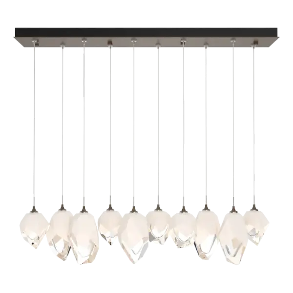 Five Large Chrysalis pendants and five Small Chrysalis pendants hung from a rectangular canopy. Each pendant may be individually adjusted for a custom look. Note, the upper canopy can will always be black while the canopy faceplate will match the selected finish.