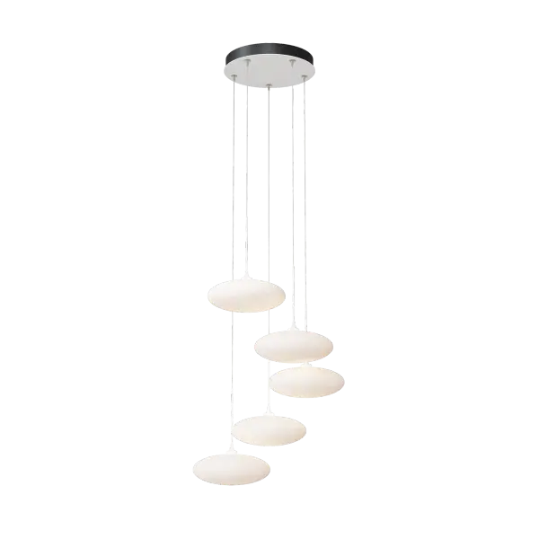 Large white tortoiseshell-like glass “puffs” inspired this collection’s name, Clouds. The ability to customize the lengths of each cable makes it possible for this versatile Clouds 5-Light fixture to serve as a semi-flush with shortened cables, or as a pendant with staggered individual lights, descending from a round canopy.
