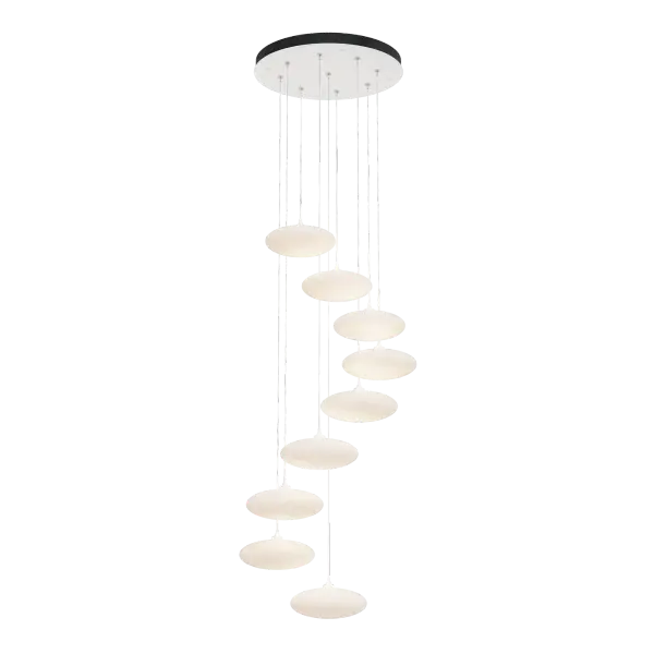 The Clouds 9-Light Pendant features a round canopy from which nine unique white tortoiseshell-like glass shades are in staggered suspension. A focal piece for any space, a billow of puffy Clouds appears to cascade downward from the canopy. Cable lengths are customizable to create the Clouds installation to suit the spatial design.