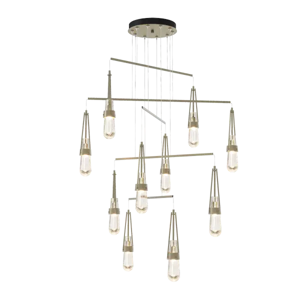 Beautiful hand-blown, thick glass elements are by local Vermont master glass artisans. Available in either clear bubble glass or white threaded clear glass, these ten handmade glass vessels are unique. The Link's mobile platform minimizes the fixture's canopy, while giving it a wide expanse by virtue of its delicate metal tubes that guide the cables as they create an artful balance of light.
