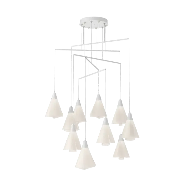 In a lovely floral-like display of spun white "petals", the Mobius 10-Light Mobile creates a beautiful effect with its elegant array of downlight. With its mobile platform minimizing its canopy needs, this Mobius can spread its light-print via the delicate metal tubes that guide each cable and allow for highly-adjustable designs. An artful balance of light and shape, the Mobius will light up any space.