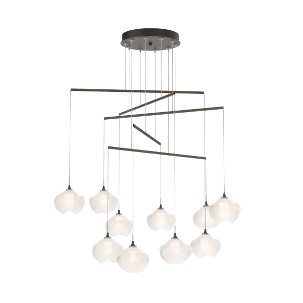 This Japanese flower's delicate aesthetic, the Ume expands its reach with a mobile platform, with highly-adjustable cables enabling unique and custom designs for any space. Delicate metal tubes guide the cables to artfully balance the glass elements. Each Ume "blossom" has a trademark glossy outer and frosted inner surface for a unique allure.
