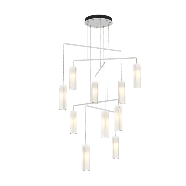 The Exos Collection is known for its classic designs. With the Exos 10-Light Mobile, it takes a contemporary path with a minimized canopy and delicate metal tubes that guide cables to allow for a highly-adjustable, customized fixture. Ten tall glass shades are each held by three handcrafted vertical metal pieces that secure the glass. A beautiful balance of art and light, this Exos spreads a stunning illumination in any space.