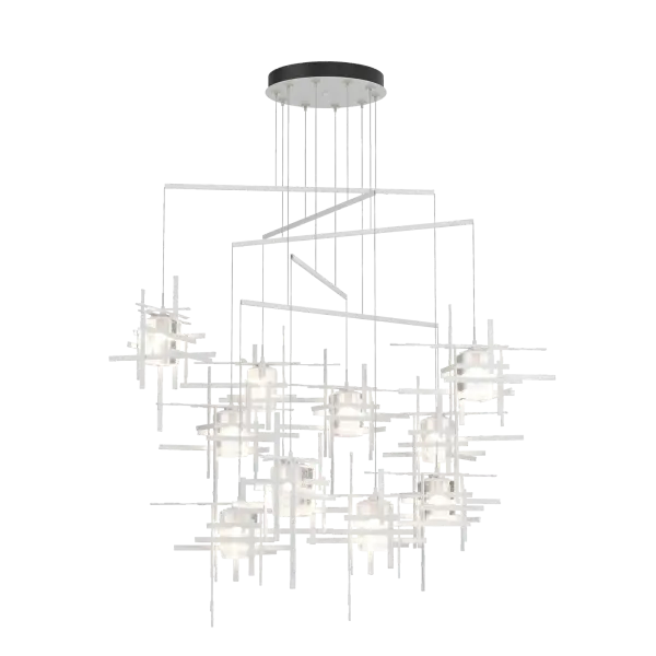 The thick, seeded glass of the Tura is on full display on the Tura's mobile platform. With a unique balance of art and light, the Mobile features delicate metal tubes that guide the cables for a highly-adjustable design, allowing for an expansive reach, all while minimizing the canopy.