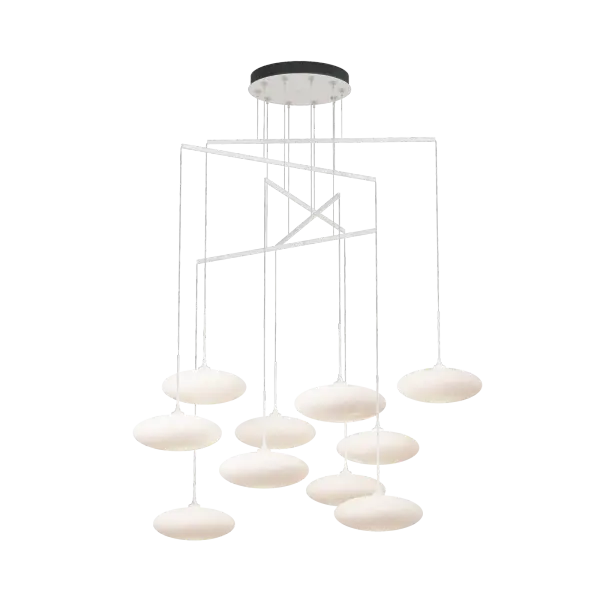 Beautiful white tortoise shell-like glass is shaped in a squashed sphere in this unexpected design resembling a cluster of clouds. Each piece of glass is cable-hung via a mobile created with delicate metal tubes allowing for a highly-adjustable design. The canopy is minimized while the breadth is expanded in an artful display of light.
