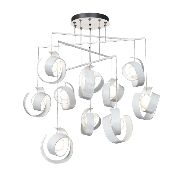 Each Riza curl is hammered and shaped to create this stunning display. The mobile platform minimizes the canopy, while the delicate metal tubes guide the cables providing not just great breadth, but also a highly-adjustable fixture. Riza elements are artfully balanced for a unique feeling of both depth and whimsy.