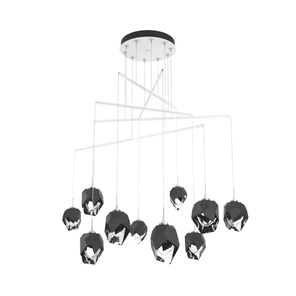 Ten small crystals, with a choice of either black or white matte outer glass layer, dance at the end of each cable guided by delicate metal tubes to its ideal drop. The mobile platform's playful nature is perfectly suited to the Chrysalis design. This artful display of crystals and light is highly-adjustable, allowing the right configuration for its space.