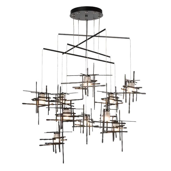 With ten frosted glass elements on a mobile platform, the Tura can bring light to a broad area. Delicate metal tubes guide each cable, creating a balancing act of light that is highly-adjustable, offering a wide degree of customization to suit its space.