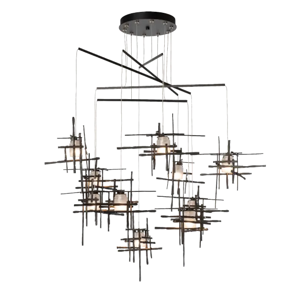 With ten frosted glass elements on a mobile platform, the Tura can bring light to a broad area. Delicate metal tubes guide each cable, creating a balancing act of light that is highly-adjustable, offering a wide degree of customization to suit its space. - alternate view