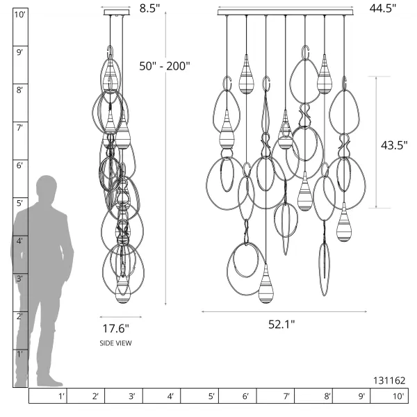 Stunning. The linear canopy sets the overall space; yet, the Lyric 7-Light Pendant is fully customizable in height and style. Sleekly-shaped inverted "cones" top the wonderful clear, thick bottom teardrop glass lit from within. Abstract oval rings are free-moving and can be positioned to suit the design of the space. Artistically created jewelry-like "hooks" serve as elegant connectors. Impressive, yet with a sense of whimsy, the Lyric will be the focal piece in any space.