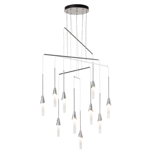 Inspired by the botanical nature of the lily, each "tige" of the Lilium culminates in a beautifully forged and shaped bobèche that embraces a cylindrical gradient-frosted glass that houses the light within. The Lilium 10-Light Mobile is cable-hung via a mobile created with delicate metal tubes allowing for a highly-adjustable design. The canopy is minimized while the breadth is expanded in an artful display of light. - alternate view