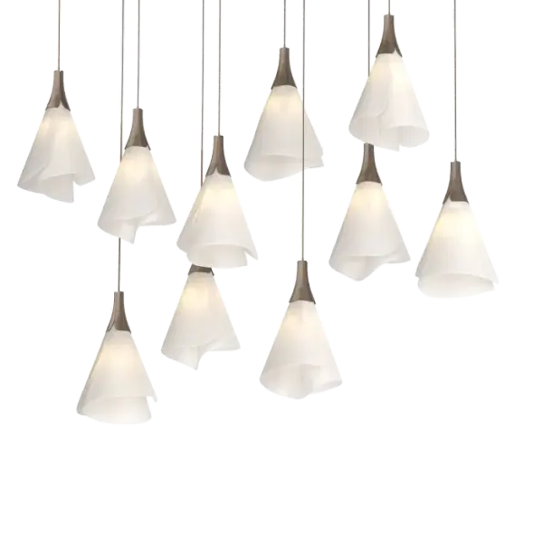 Graceful Mobius spun-frost shades seem to float in space from the rectangular canopy above. With the ability to customize each shade's positioning, whether you prefer the 10 lights to be aligned or staggered heights, the Mobius 10-Light fixture features a double linear multi-port.