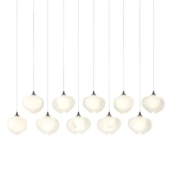 The Ume 10-Light linear fixture offers the exclusive Ume glass shade that is glossy on the outside, yet frosted on the inside, in a shape reminiscent of the Japanese blossoming plum for which it is named. Pendant heights can be easily customized by aligning or staggering each at the desired length from the rectangular canopy above.