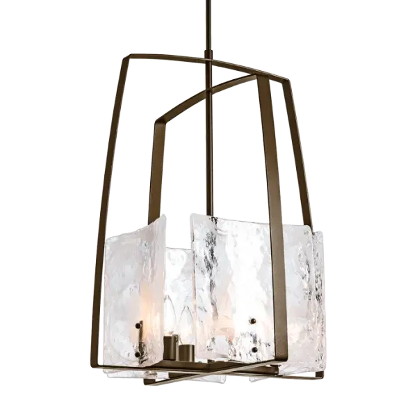 A clean blend of traditional and contemporary forms is the first thing you'll notice about the Arc Lantern Pendant with its unique, slightly convex glass panels. With a freeform white "swirl", the thick hand poured glass panels have both depth and clarity. Hang singly at an entryway or small table or in multiples down a hallway, larger dining table or over an island, the Arc Lantern's glass adds a touch of modern to an otherwise classic form.