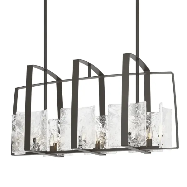 Sweeping arcs of steel and classic lines envelope eight elegant pieces of clear glass with flowing white swirls. The Arc Linear Pendant features eight candelabra sockets and is suited to a variety of settings. Available in all standard finishes.
