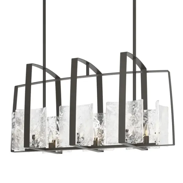 Sweeping arcs of steel and classic lines envelope eight elegant pieces of clear glass with flowing white swirls. The Arc Linear Pendant features eight candelabra sockets and is suited to a variety of settings. Available in all standard finishes. - alternate view