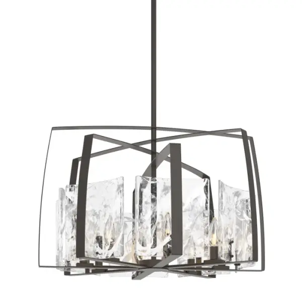 The Arc 8-Light Pendant features thick, convex panels of clear glass with abstract white swirls. An airy, handmade, steel cage-like structure emanates from a central point, surrounding the unique glass panels within. With a single multi-stem system, this pendant is height adjustable. Available in all standard finishes.