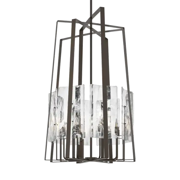 With its lantern nearly 4.5 ft tall and 3 ft wide, the Arc 8-Light Tall Pendant makes a statement. And, this pendant’s easy-to-adjust Multi-Stem system with rods that can be configured to over 7 ft in length, this lighting makes any room “grand”. The Arc’s hallmark thick, hand poured, slightly convex glass panels with freeform white "swirls” have both depth and clarity, giving a contemporary twist to a traditional form.