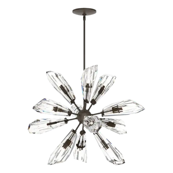 Twelve light starburst pendant with thick crystal shades. Includes a multi-height stem kit with three 12" pipes, one 6" pipe and one 3" pipe.