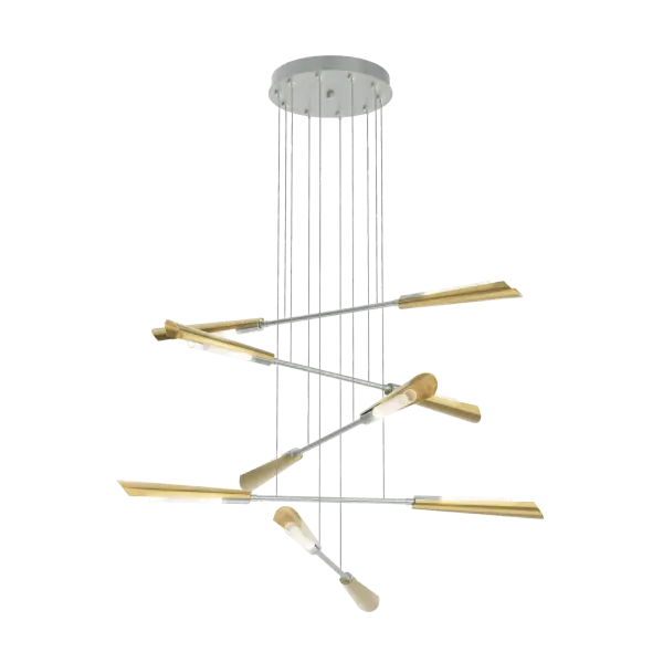 Reminiscent of a kettle of hawks soaring thermals, the Flight 10-Light Small Pendant looks stunning as a cascading pendant in a stairwell or entry; or positioned close to ceiling in dynamic effect, thanks to its highly-adjustable design. Ombre borosilicate glass tube diffusers enclose the bulbs while adjustable curved metal reflectors direct and shield each light.