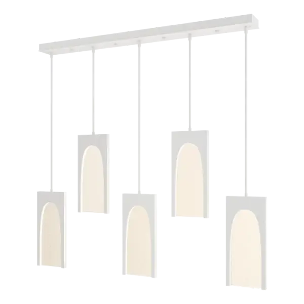 The Cypress 5-Light Pendant combines architectural beauty with versatile design. "With its prominent repeated pattern of elegant arches" Designer Paul Marr Hilliard explains "the Cypress offers a unique aesthetic that can be customized to suit your style." Create a sense of depth like looking down an arched hallway, or a classic look of a linear aqueduct. The unique clear seeded glass varies with no two panels being identical.