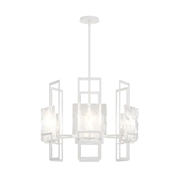 A juxtaposition of unique textured clear glass elements with tall vertical modern steel structures achieved the clean, contemporary lines that designer Ori Goldberg was seeking. The Geo 6-Light Pendant is perfect either alone or in multiples, making it easily adaptable to many spaces.