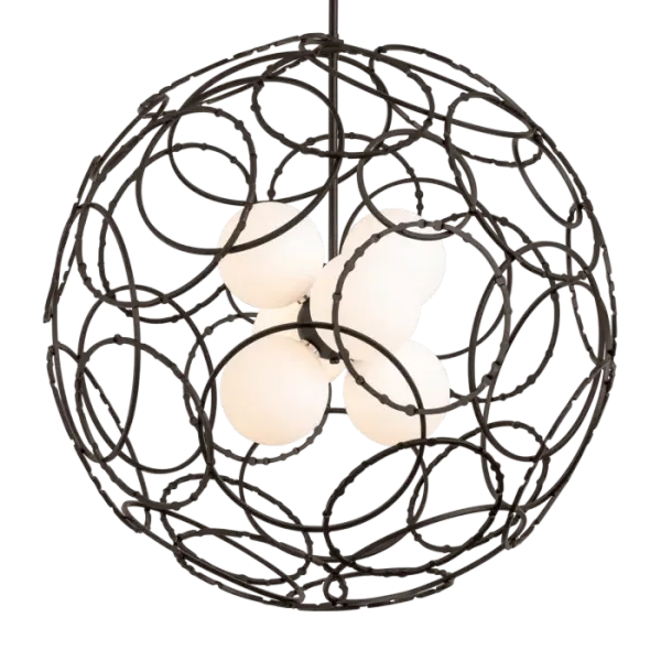 The Olympus Orb Pendant is a real showstopper. Grand in every way, the Orb's exoskeleton is handmade by Vermont metalcraft artisans, with rings of steel creating the outer sphere. A balanced blend of smooth and forged rings, each forged ring is formed and then hammered to create the unique textures and patterns found throughout. Each ring is then welded together to form a perfect sphere. A cluster of lights within glass globes are at the core of the Olympus Orb. A focal piece in any space, the Orb is perfectly suited for great rooms, grand foyers or living spaces. The Olympus Collection includes the Orb, horizontal and vertical pendants, wall sconce, and two sizes of starburst pendants.