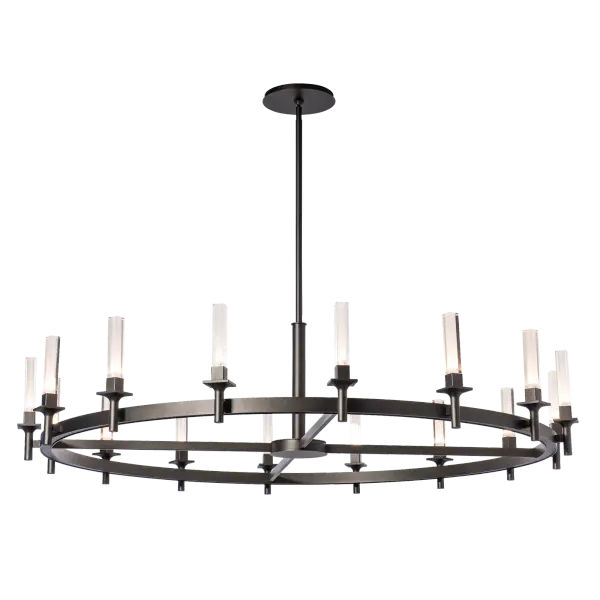 Regal in both size and design, the Windsor 16-Light Chandelier is over 5' in diameter. While classic in design, the Windsor offers a stylish twist to a traditional form. Each torch is squared at its base and holds a tall rectangular glass that is offered in a choice of crystal clear or plated smoke mirror outer glass. At its center, each piece of glass has a frosted cylinder that diffuses the light within. A bold statement in any space. - alternate view