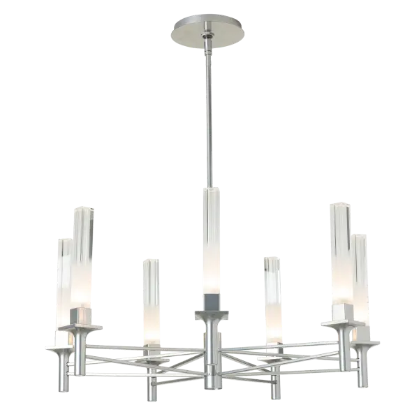 With seven outstretched arms, this Truss chandelier has a circular profile. Each torch is squared and holds a beautiful, tall, rectangular ombre glass. This glass's appearance, with its central cylinder is very unique, almost prismatic in nature. The "truss" structure can be seen from below, giving this piece a very architectural appearance and feel. - alternate view