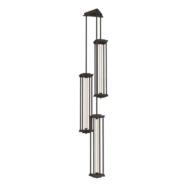 The Athena Triple Tall LED Lantern features a trio of tall LED cylinders, each suspended via independent, height-customizable stems from a small, triangular canopy. Fluted, clear glass tubes over opal glass cylinders house the vertical LED elements. These modules are suspended between conductive perches at each end within contemporary, open metal structures. LED generally provides tens of thousands of hours of light, but if the need arises, the arrays can be easily replaced.
