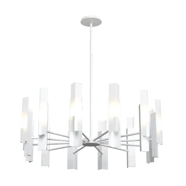 Designer Ori Goldberg expanded upon a jewelry design of his to create the Summit 12-Light Pendant. Three right angles—metal/glass/metal—are positioned in ways that up the ante and bridges traditional to contemporary style with its clean, geometric lines.