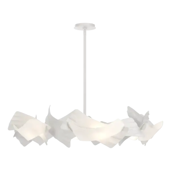 Designer Jason Hancock was inspired by the rolling waves of the sea, easily seen in the Crest Circular Pendant that embodies that essence of both strength and grace. Its hammered steel pattern, curved plates and art glass create a sense of ebb and flow with six lights illuminating the space.