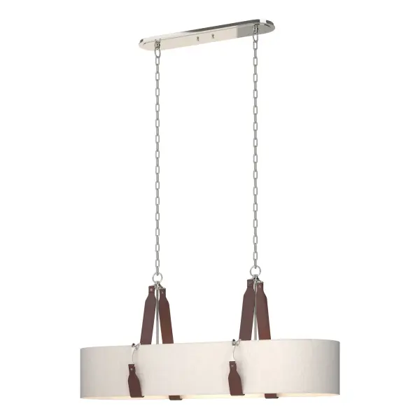 A large pendant, perfect over a dining table, as well as lounge or entertainment space, the Saratoga Oval Pendant features leather strapping with Antique Brass or Polished Nickel fittings, as with all fixtures in the Saratoga Collection. This Oval Pendant features a double-faced shade, as beautiful inside as out. Chain-hung at two points to its canopy, this pendant makes a statement.