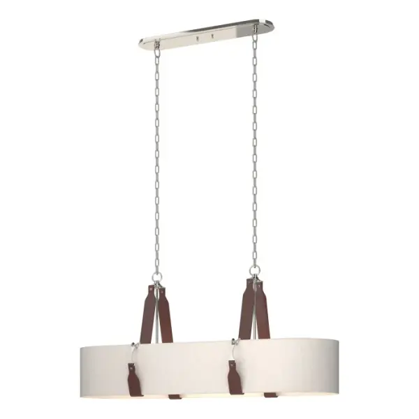 A large pendant, perfect over a dining table, as well as lounge or entertainment space, the Saratoga Oval Pendant features leather strapping with Antique Brass or Polished Nickel fittings, as with all fixtures in the Saratoga Collection. This Oval Pendant features a double-faced shade, as beautiful inside as out. Chain-hung at two points to its canopy, this pendant makes a statement. - alternate view