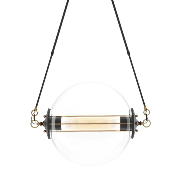 The large, blown-glass sphere's adjustable rods make it possible to position the lighting element at the desired angle. This lighting element is encased in a frosted inner tube. A stainless steel mesh tube is available for a more industrial look.