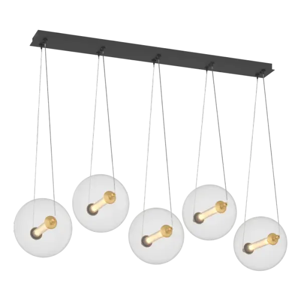 A blend of polished brass and black finishes and five glass spheres creates the focus for any room. The spheres can be hung on the same plane, at varying heights. They can also each be hung with the lighting element at a horizontal or on an angle.