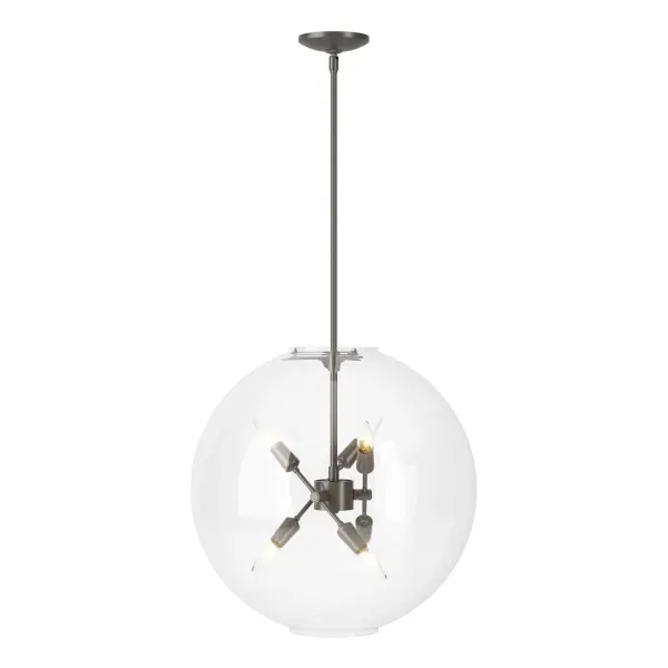 Reminiscent of fireflies caught in a jar, a core of six candelabra lights fills an impressively scaled clear glass globe defining the Sfera 6-Light Pendant. Available in all standard finishes, this arresting ceiling fixture is suspended by a multi-stem rod system that extends to a discretely small, circular canopy.