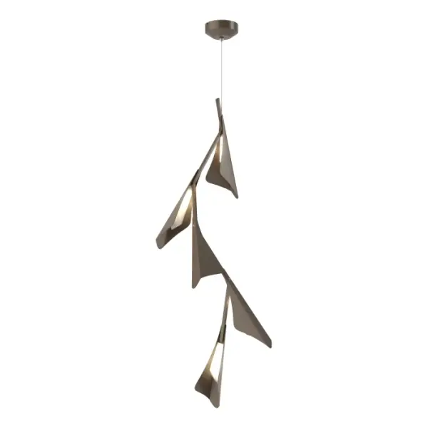 The Plume Collection, inspired by the best-selling Quill Pendants, features larger, more substantial metal "plume" elements, making a statement in any space. The Plume 5-Light is a single, vertical formation of 5 "Plumes", each shielding an LED lighting element. Hung singly or in multiples to create a custom arrangement, the Plume Pendant is versatile and stylish and can adapt to a variety of settings. Choose a base item finish and an accent finish.