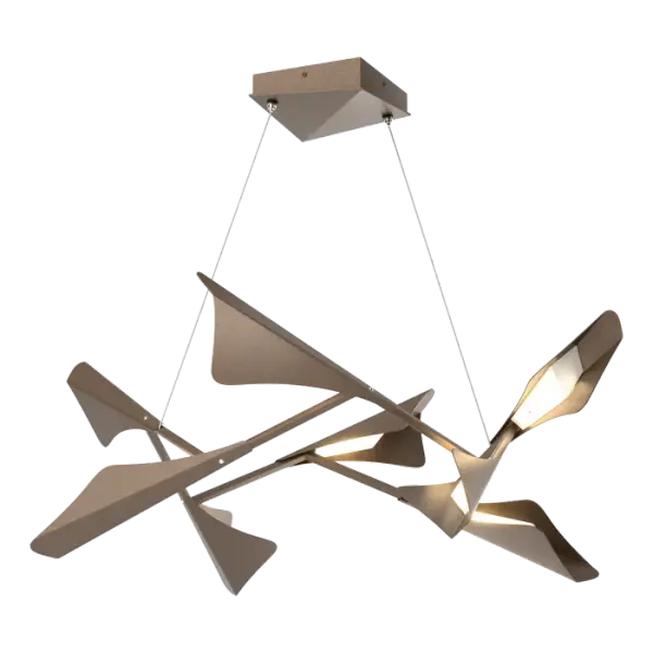 A close cousin to the signature Quill Pendant, the Plume 8-Light Pendant features 8 metal "plumes", each shielding an LED lighting element. With the option for a 2-toned look, the Plume may be ordered with the core in one finish, and the "plumes" in another accent. The Plume 8-Light Pendant features a circular formation with a 37.6" diameter. Also available as a 5-Light (vertical) and a larger 12-Light (circular) pendant. - alternate view