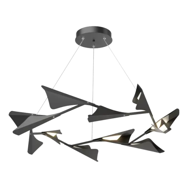 Inspired by the top-selling Quill Collection, the new 2020 Plume Collection features more substantially sized "plumes" that shield individual LED lighting elements. The 12-Light Plume is over 4 ft. in diameter, forming a stunning circular hanging pendant. Available as a two-toned option, one finish is selected for the core, and the same or another finish may be selected for the metal "plumes" to create a piece that perfectly suits its environment. Also available as a 5-Light (vertical) and an 8-Light (circular) pendant.