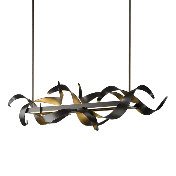 Hand-forged steel ribbons seem to dance around the horizontal frame that houses the LED components of this pendant. The light reflecting from the ribbons creates a captivating glow that draws the eye to the fine craftsmanship that goes into the piece.