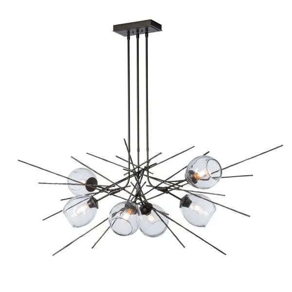 This dramatic pendant features a newly-developed technique of forging bark-like textural elements in steel. The result is the Griffin—a stunning arrangement of structure that balances the organic glass forms.