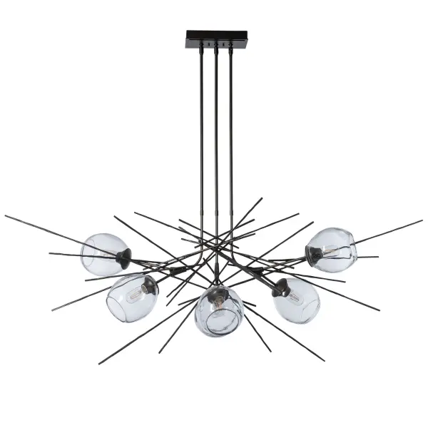 This dramatic pendant features a newly-developed technique of forging bark-like textural elements in steel. The result is the Griffin—a stunning arrangement of structure that balances the organic glass forms. - alternate view