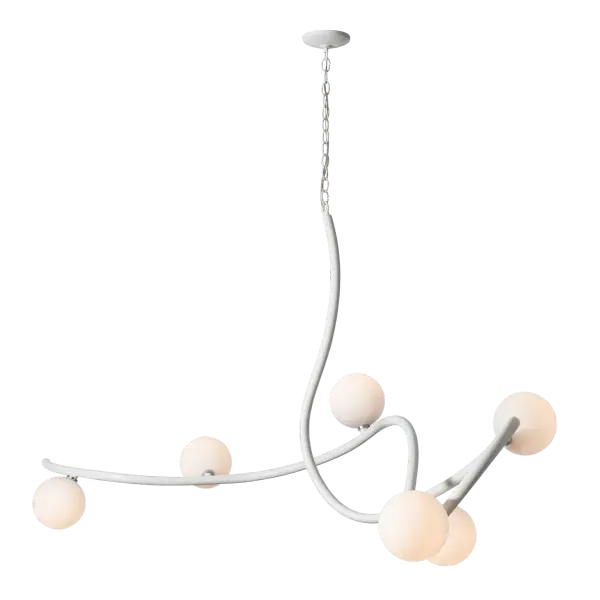 Illuminate your home with this Slide 6-Light Pendant. With a stunning 69.2” span, it's sure to be the highlight of any room. Perfect for creating a beautiful focal point over a large dining table, kitchen island, bar or reception area, this XL light is sure to become the topic of conversation. Handcrafted and shaped by our Vermont artisans, the swooping curved steel chain-hung fixture features 6 opal glass globes. - alternate view